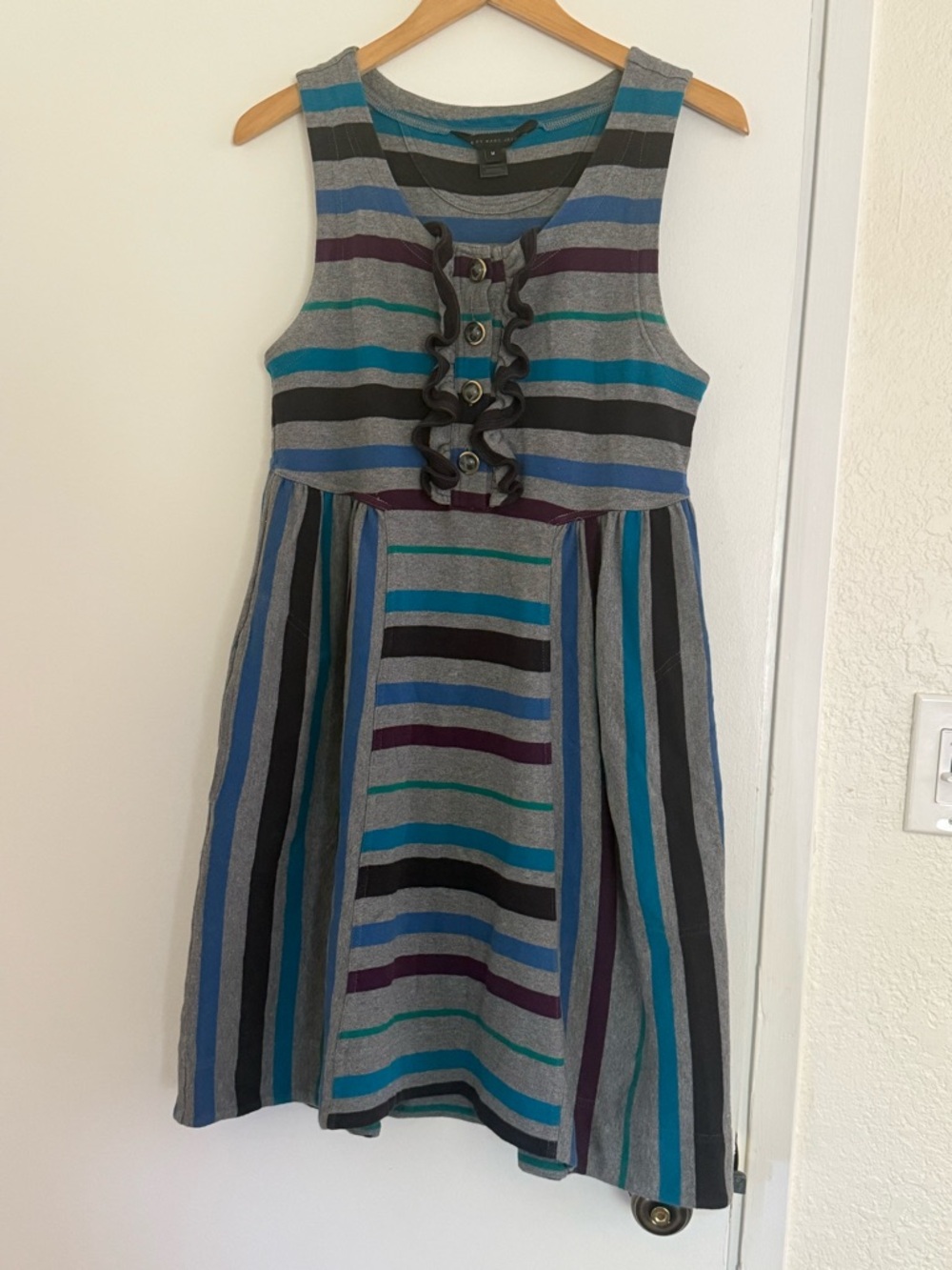 Marc Jacobs Gray Midi Dress with Teal, Blue, Purple and Black Stripes